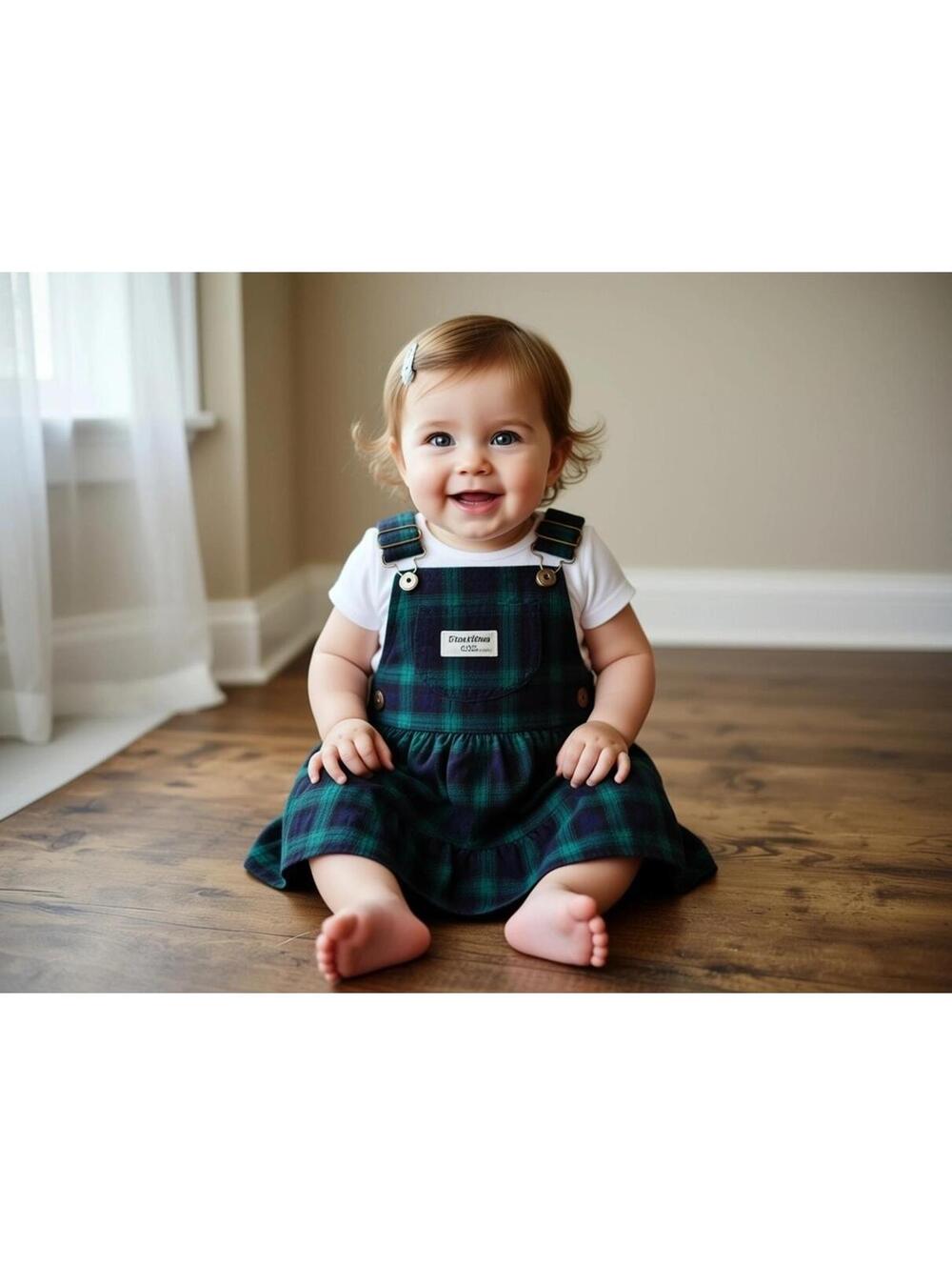 Baby Girl 12 Mo Oshkosh Overall Plaid Dress Navy Green 100% Cotton